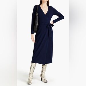 NWT DVF Astrid Wrap Dress Wool Cashmere Midi Dress Navy Blue Party Dress